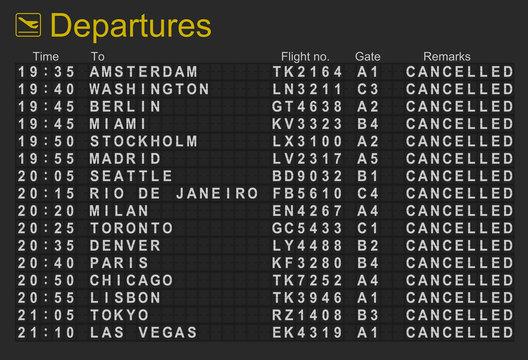 Departures Board With All Flights Cancelled