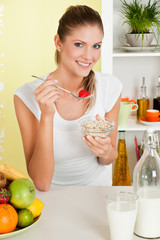 Beauty, young girl eating cereal and fruit