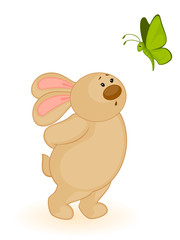 Vector cartoon little toy bunny with butterfly