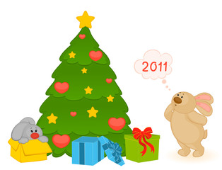 Obraz na płótnie Canvas Vector cartoon little toy bunny with fir-tree