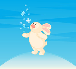 Vector cartoon little toy bunny with snowflakes