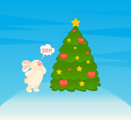 Vector cartoon little toy bunny with fir-tree