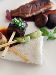 Grilled mixed food on white background