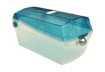 Old empty blue plastic box with key lock on white background
