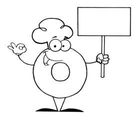 Outlined Donut Cartoon Character Holding A Blank Sign