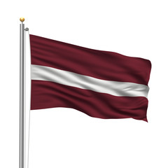 Fototapeta na wymiar Flag of Latvia waving in the wind in front of white background