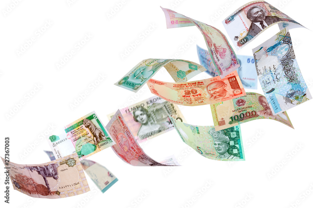 Poster Flying money from around the world isolated on white