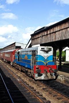diesel train of the scenic mountain track in Sri Lanka