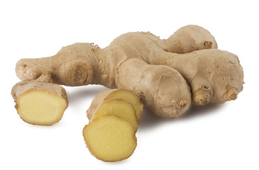 Whole and sliced ginger root