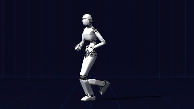 White futuristic robot jogging indoor