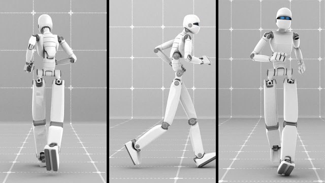 White futuristic robot jogging indoor- Back-Side-Front view