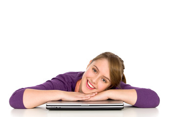 Girl leaning on table with laptop