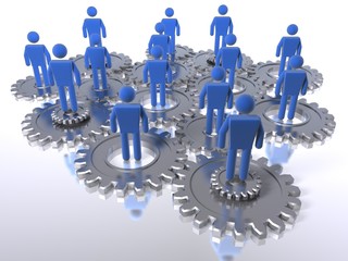 Model of 3D figures on connected cogs as a metaphor for a team