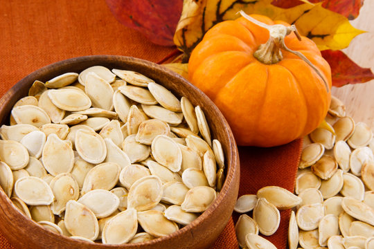 Pumpkin seeds and pumpkin against colorful autumn accents