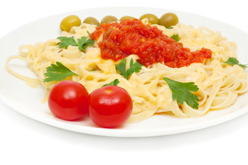 pasta with cheese and sauce of peppers, tomatoes and garlic