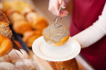 verkäuferin serviert mohnbrötchen