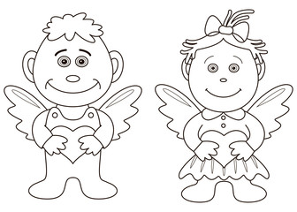 Girl and boy angels with hearts, contours