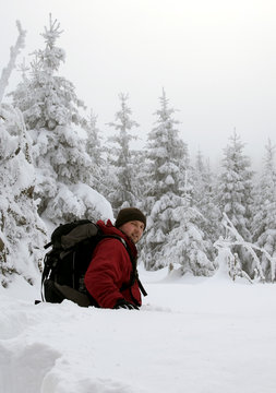 hiking in winter landscape