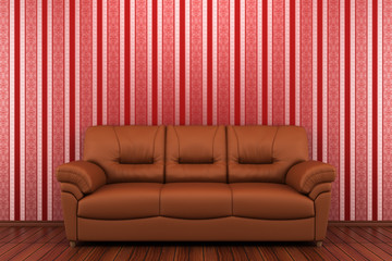 brown leather sofa in front of red stripped wall