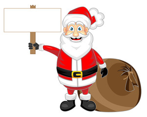 cute happy looking santa claus holding a wooden blank sign