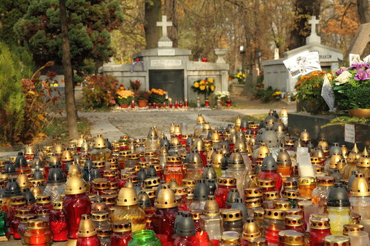 many candles on cemetery during All Saints Holiday, Poland