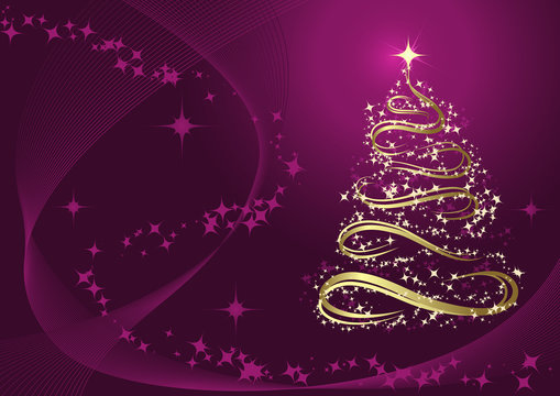 Abstract golden christmas tree against purple background