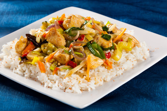 Asian Food - Chicken With Vegetables And Rice