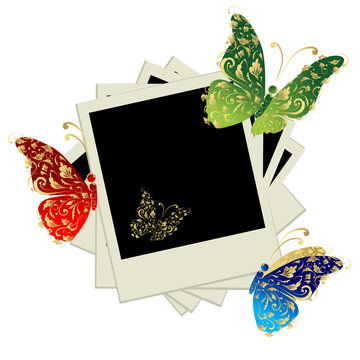 Pile of photos, insert your pictures into frames, butterfly