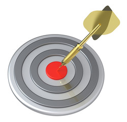 Red target and gold dart close-up isolated on white background