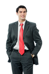 Portrait of happy smiling successful businessman, isolated