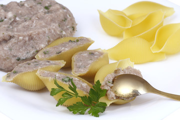 Uncooked pasta with minced meat