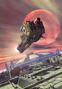spaceship and alien planet