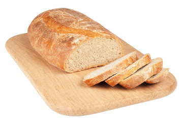 Sliced bread on a wooden chopping board isolated on white