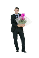 businessman with vase of flowers