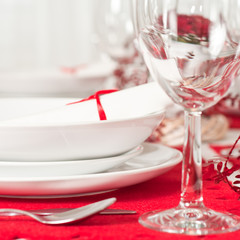 decoration of christmas table in red and white colors