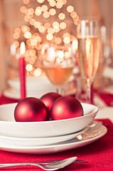 decoration of christmas table in red and white colors
