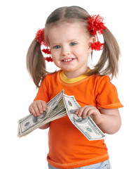 Child holding money dollar. Isolated.