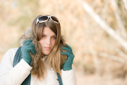 Winter fashion - woman with fur hood