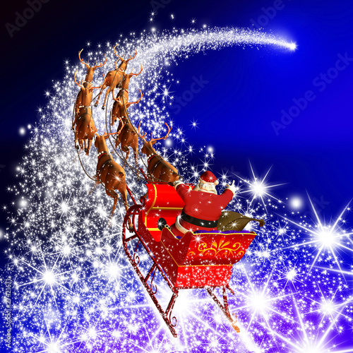 "Weihnachtsmann mit Rentierschlitten und Sternschnuppe" Stockfotos und