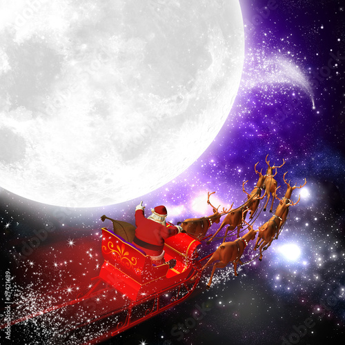 "Weihnachtsmann mit Rentierschlitten bei Vollmond" Stockfotos und