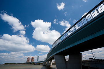 Highway with skyscrapers in Fukuoka, Japan
