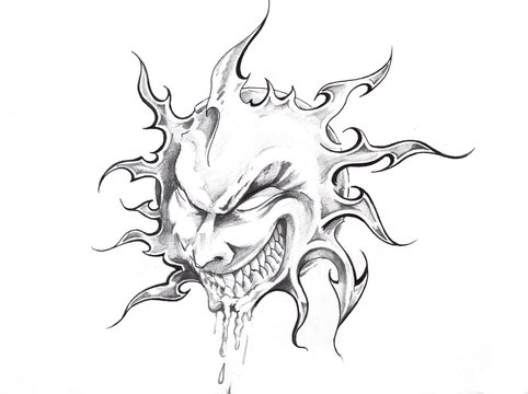 Sketch of tattoo art, sun with face