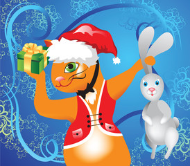 cat and rabbit jn winter background