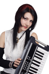 Beautiful girl with synthesizer isolated