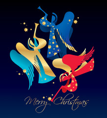 Christmas figured Angels with golden stars on a dark blue backgr - 27437676