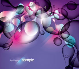 Abstract violet background with shining forms end drops of water