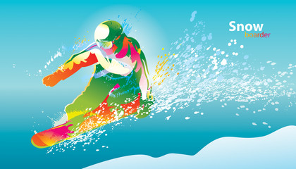 The colorful figure of a young man snowboarding on a blue sky ba - 27441026