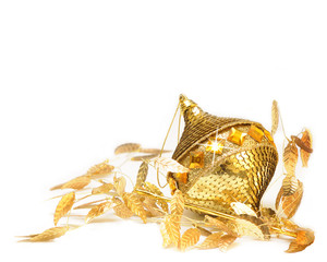 Decorative gold christmas ornament on white