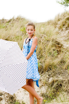 Fashion girl urbex location blue polka dress