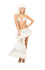 cheerful santa helper girl with big bag